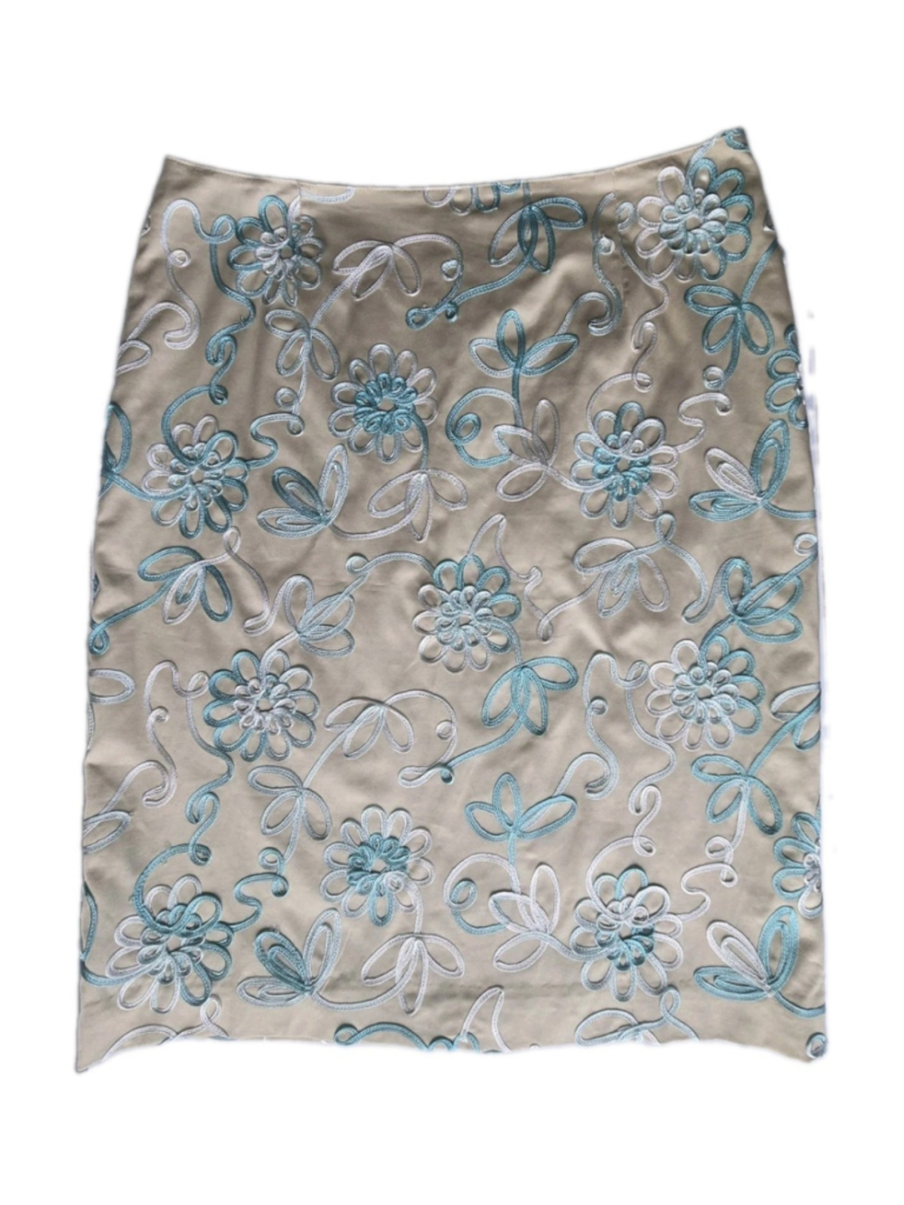 Harold's Women's A-Line Skirt Embroidered Beige With Blue Flowers Size 8